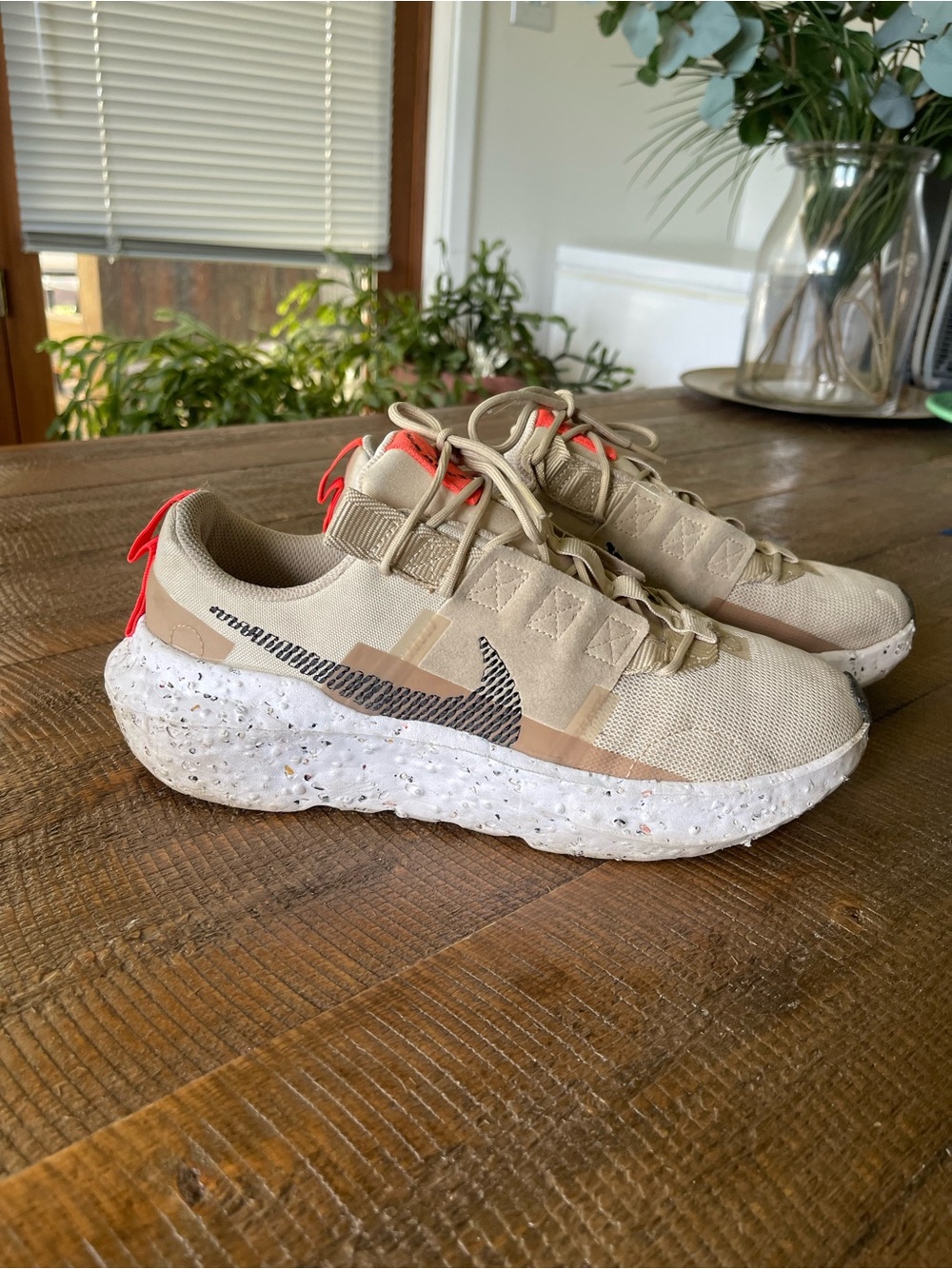 Nike womens crater Beige and Red-Accent Sneakers with Speckled White Sole